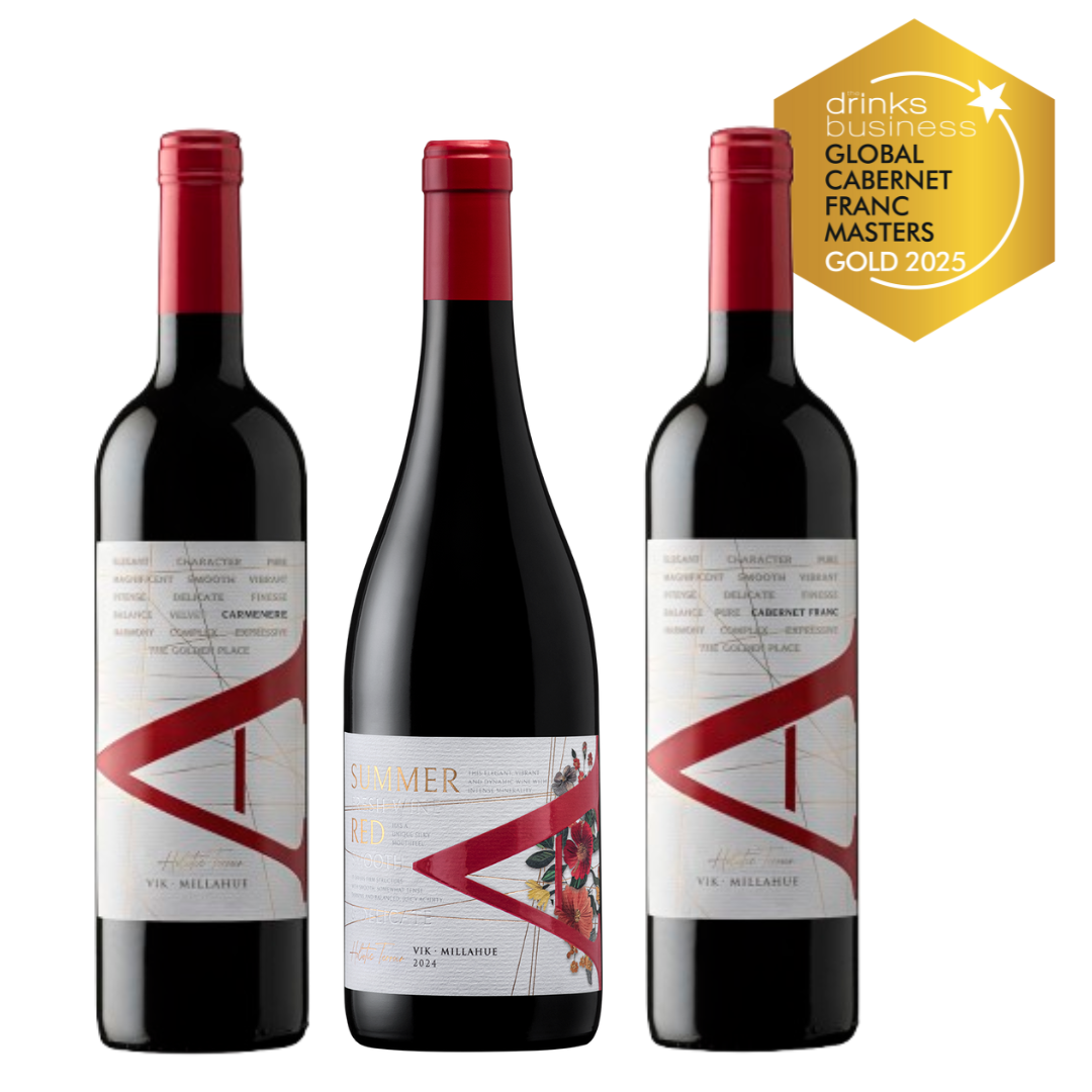 Pack: 3 Vinos VIK "A" (Cabernet Franc 2023 + Cabernet Nouveau 2024 + Carmenere 2023) - 750 ml + Descorchador VIK de REGALO