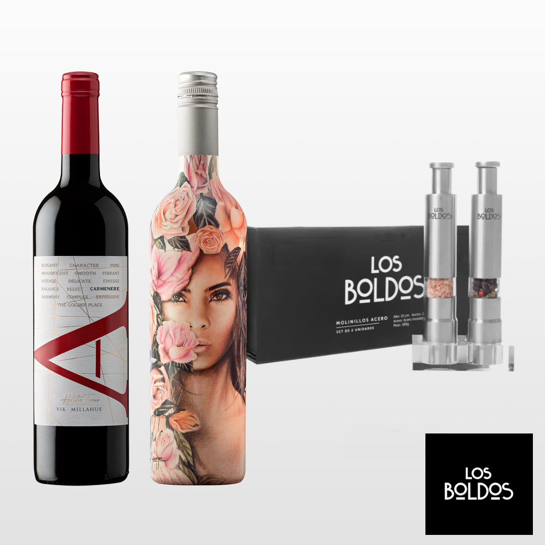 Pack: VIK "A" Carmenere 2024 + La Piu Belle Rosé 2025 + Set Molinillos "Los Boldos"
